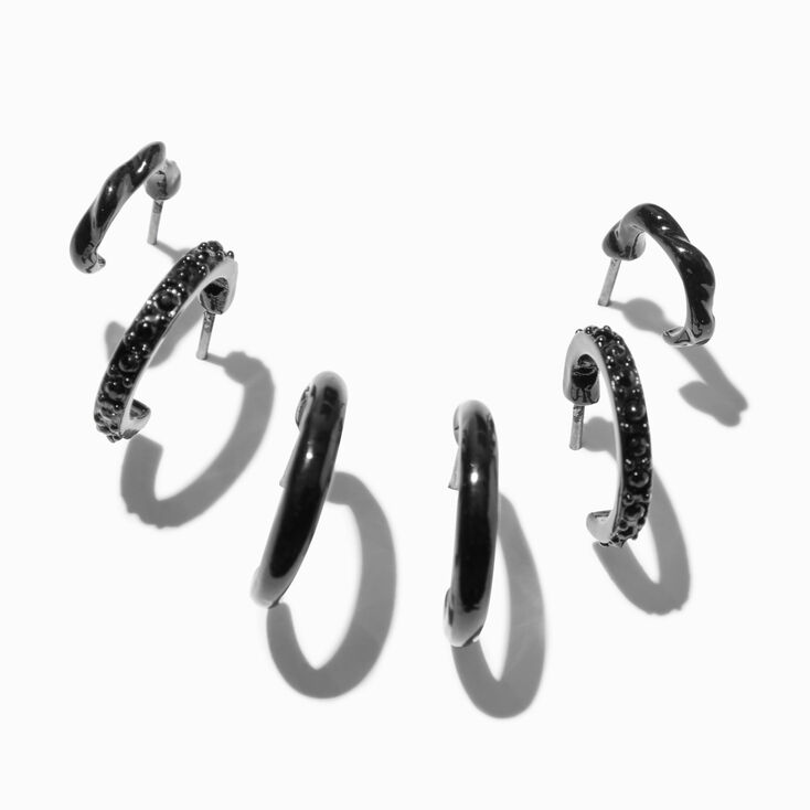 Black Graduated Embellished Huggie Hoop Earring Stackables Set - 3 Pack,