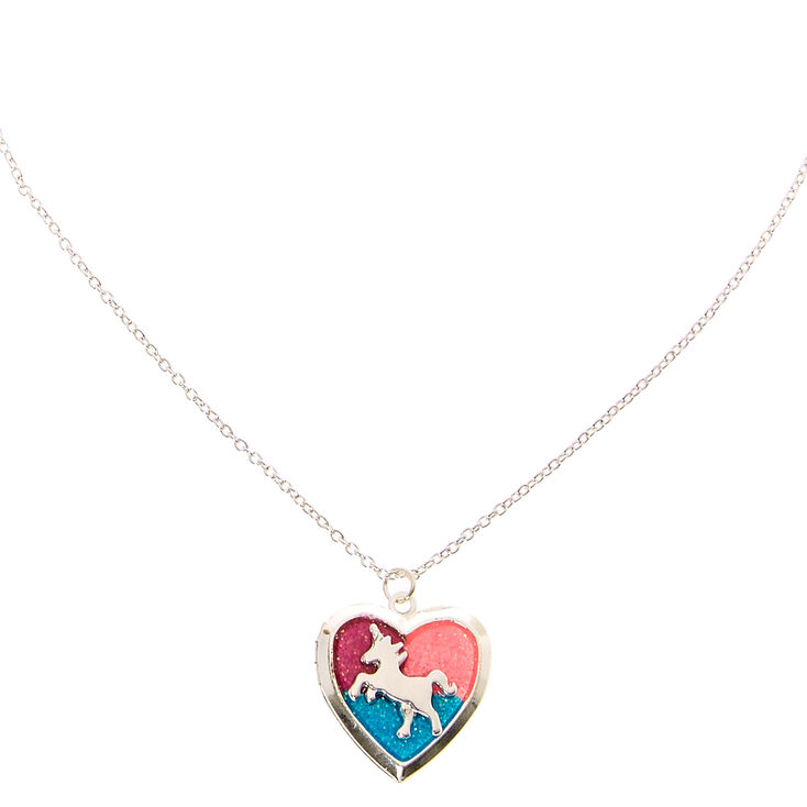 Glitter Unicorn Heart Locket Silver Tone Necklace Claire S