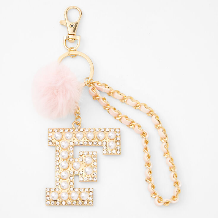 Gold Bling Initial Pom Pom Keychain - Pink, F,