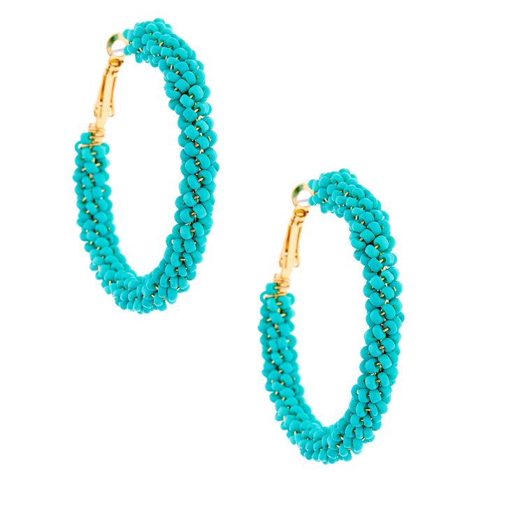 Gold 50MM Beaded Hoop Earrings - Turquoise,