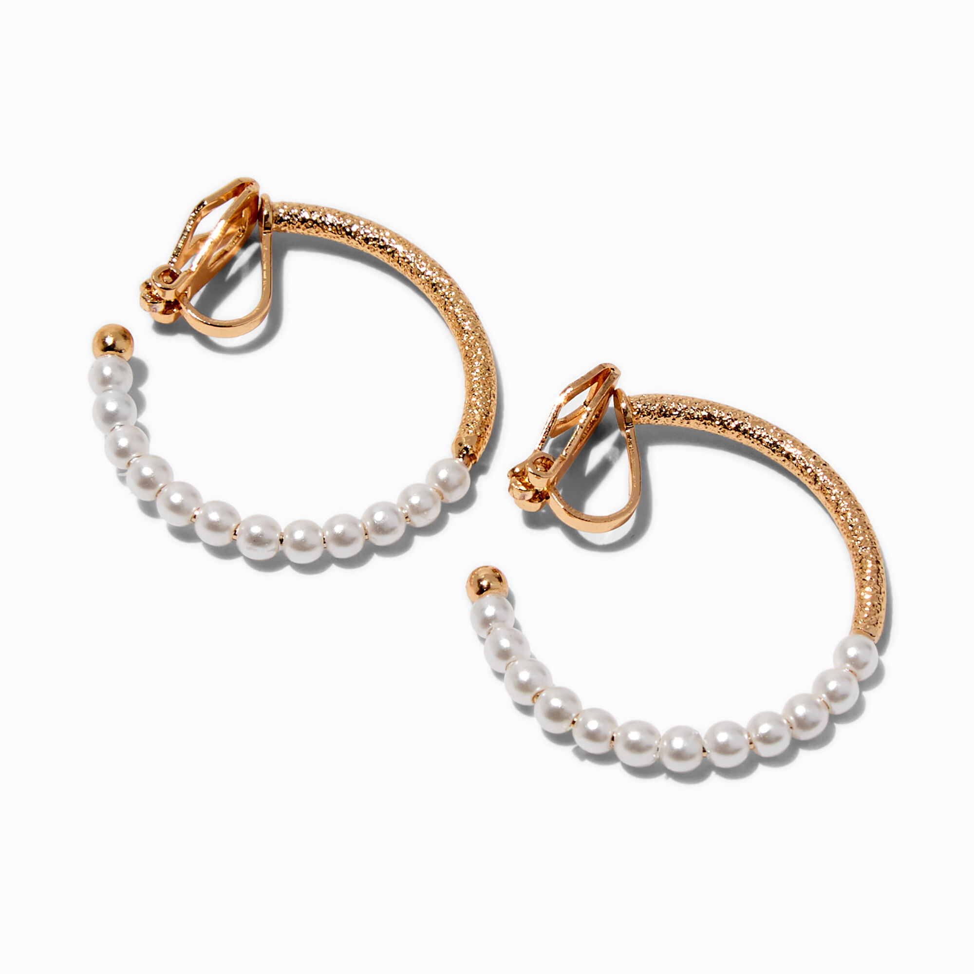 View Claires Tone 20MM Half Pearl ClipOn Hoop Earrings Gold information