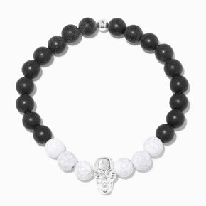 White Marble Beaded Silver Skull Stretch Bracelet,