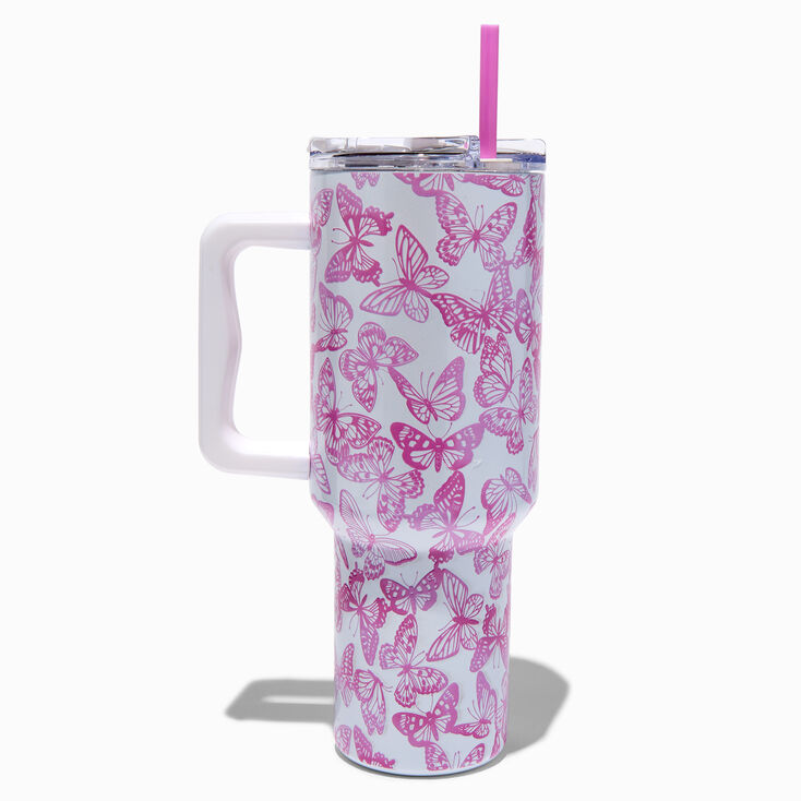 Pink Butterflies Stainless Steel Handled Tumbler,