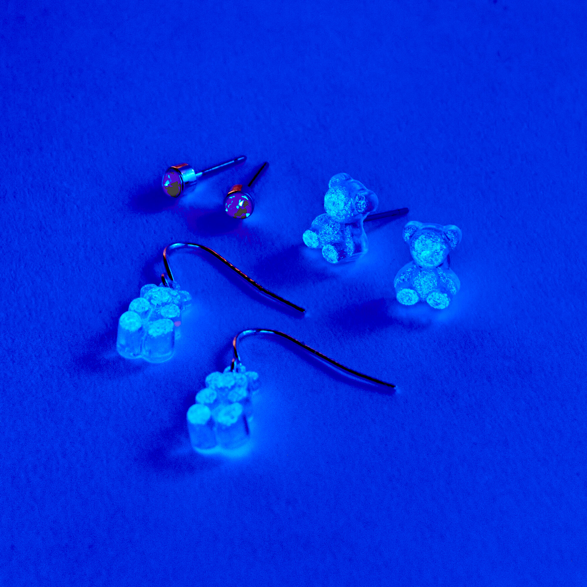 Silver 1'' Glow In The Dark Purple Gummy Bears® Earrings Set - 3 Pack,