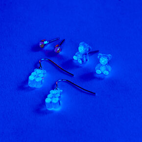 Silver 1&#39;&#39; Glow In The Dark Purple Gummy Bear Earrings Set - 3 Pack,