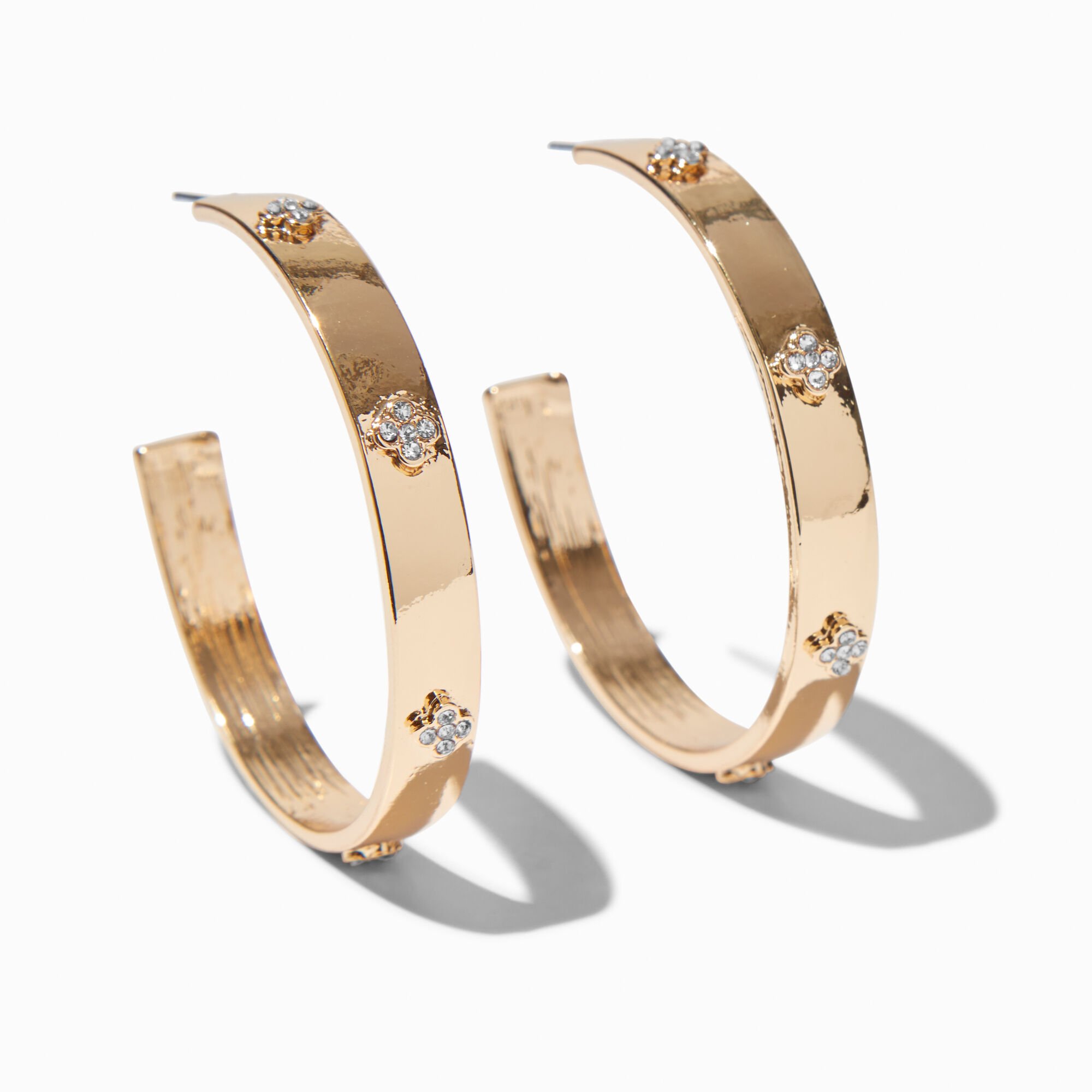 Gold-tone Crystal Clover Thick Hoop Earrings,