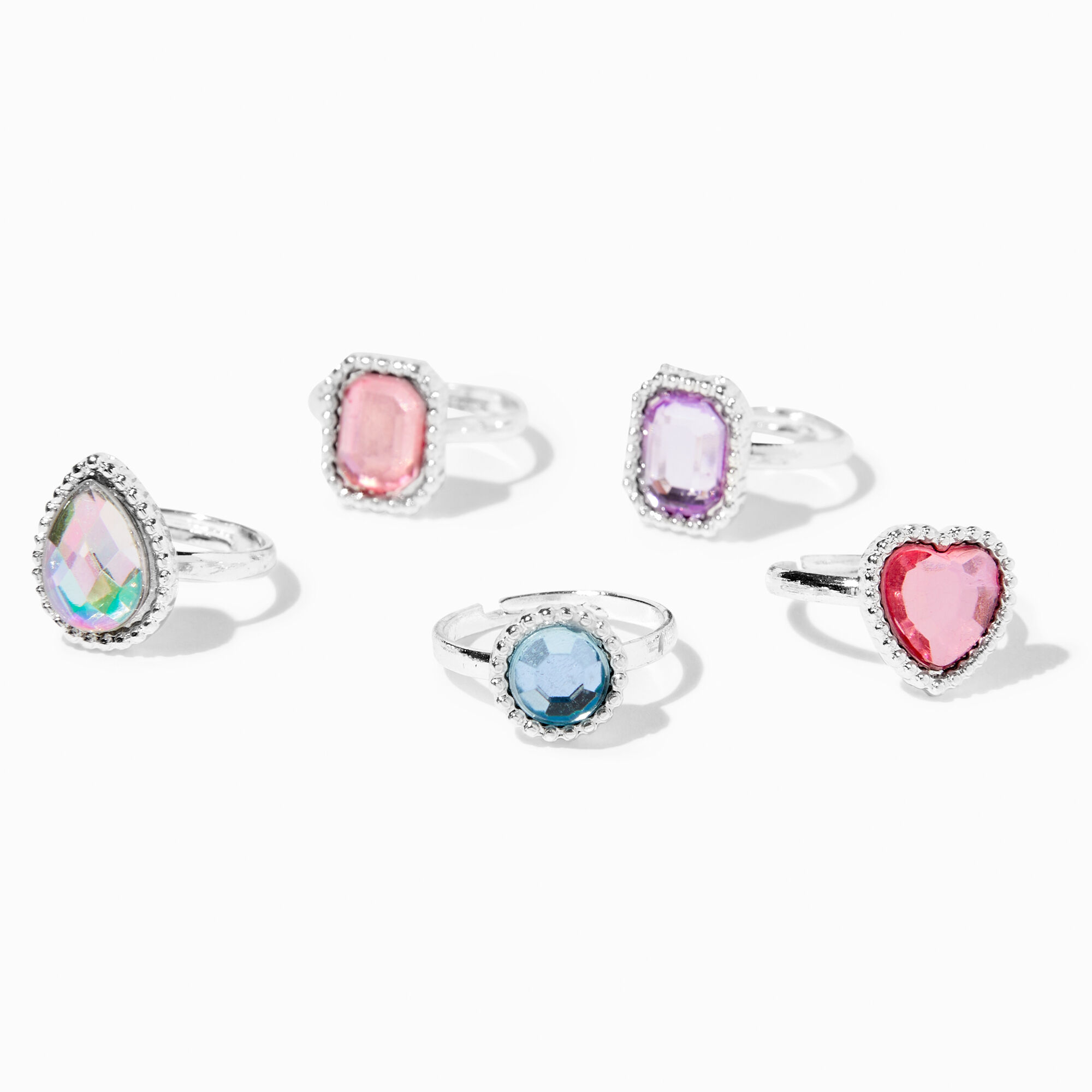 Claire s Club Silver Pastel Rhinestone Rings 5 Pack Claire s US