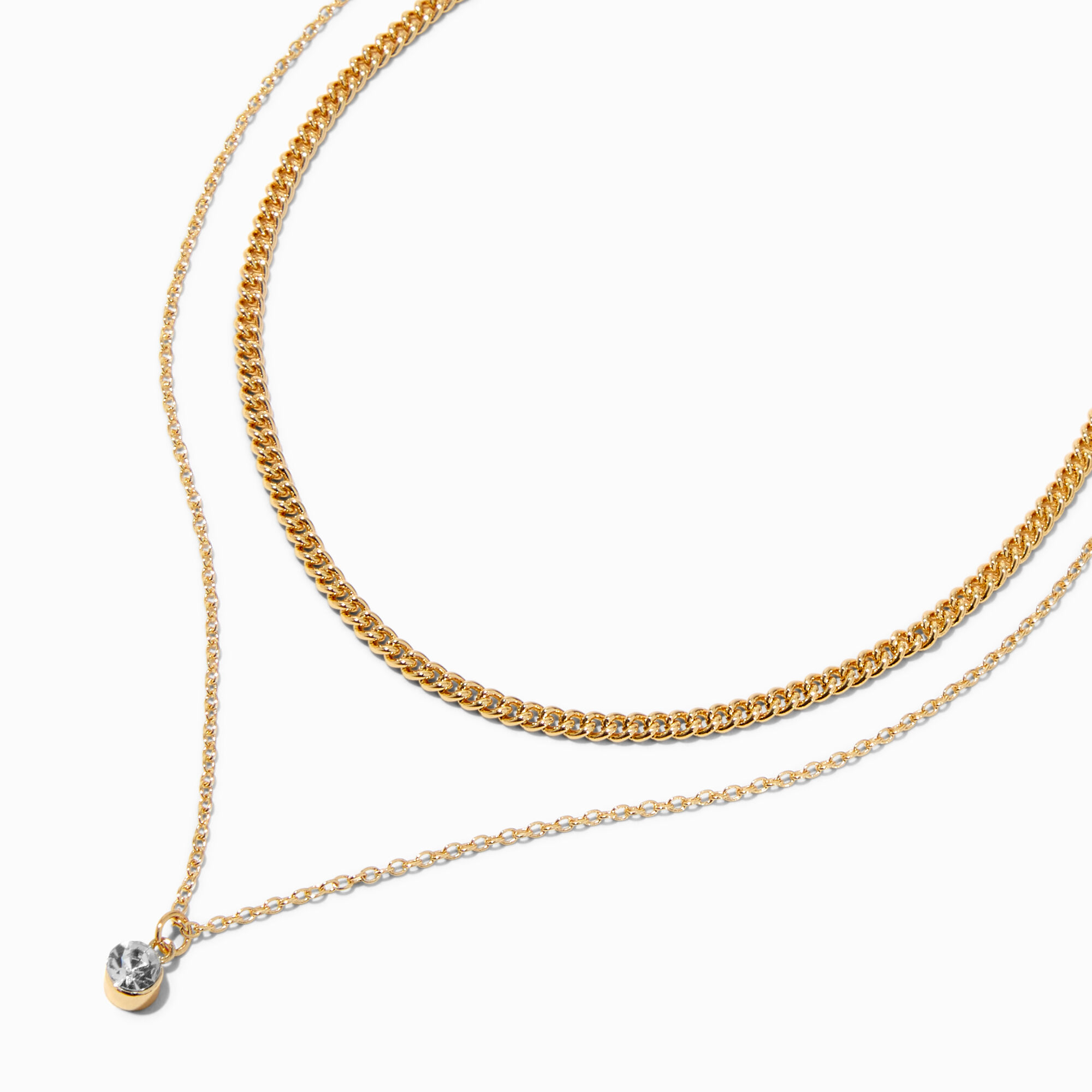 Collier multi-rangs strass et chaîne à maillons gourmette couleur dorée,