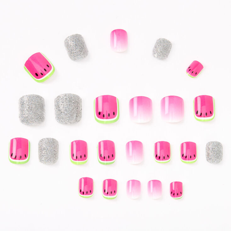 Watermelon Square Press On Faux Nail Set - Pink, 24 Pack,