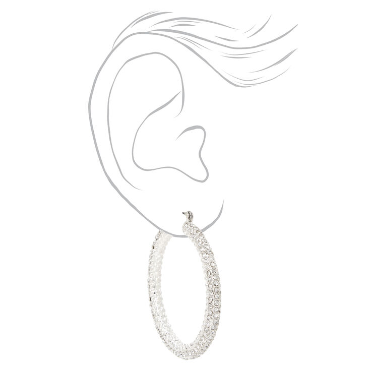Silver 50MM Paved Crystal Hoop Earrings,