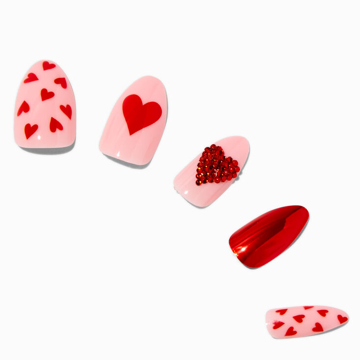 Red Hearts &amp; Foil Stiletto Press On Faux Nail Set - 24 Pack,