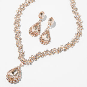 Pink Crystal V-Neck Rhinestone Necklace Set, Prom Jewelry