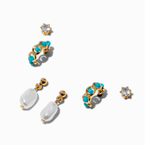 Boucles d&#39;oreilles empilables en zircon cubique turquoise d&#39;imitation couleur dor&eacute;e - Lot de 3,