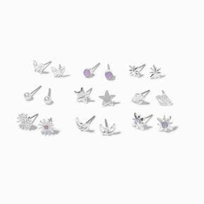 Silver-tone Star Bursts Stud Earrings - 9 Pack ,