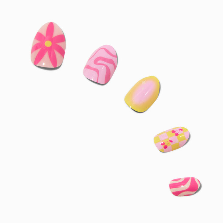 Cherry &amp; Daisy Swirl Stiletto Press On Vegan Faux Nail Set - 24 Pack,
