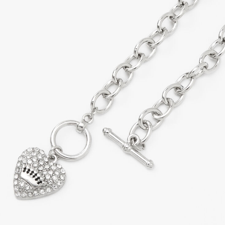 Silver Rhinestone Heart and Crown Pendant Necklace,