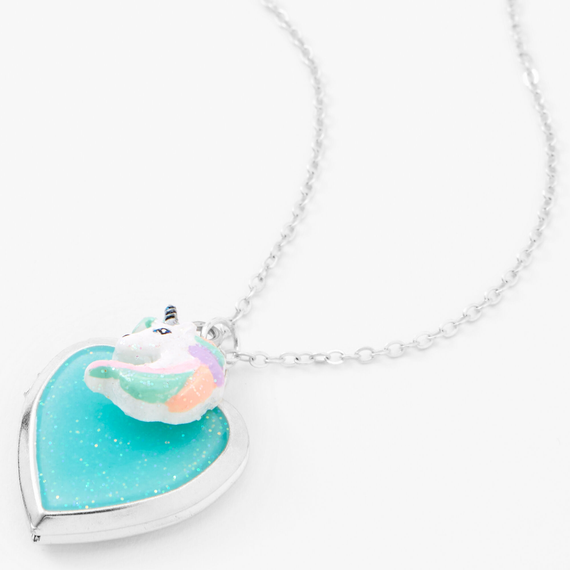 Claire s Club Mint Unicorn Glitter Locket Necklace