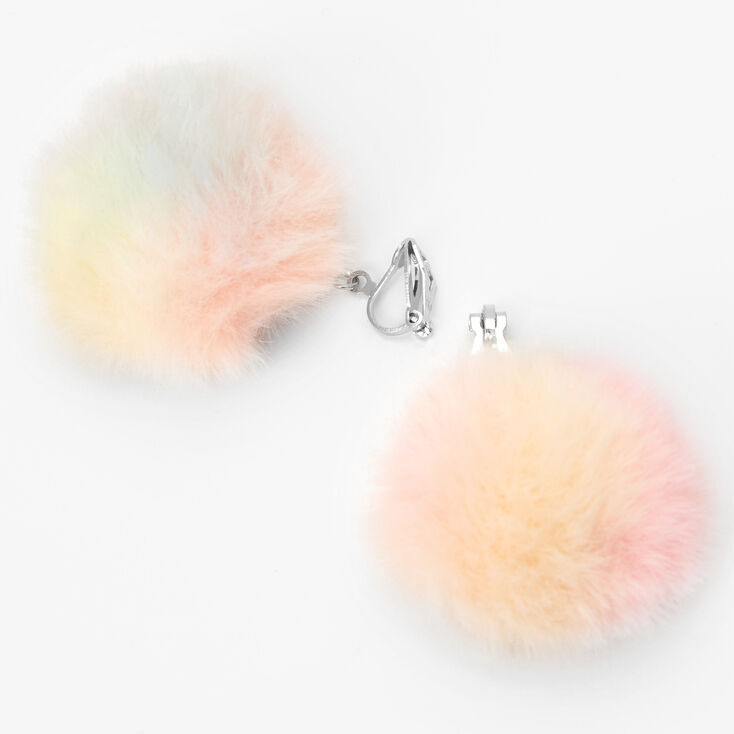 Silver-tone 1.5&quot; Pom Pom Clip On Drop Earrings - Rainbow,