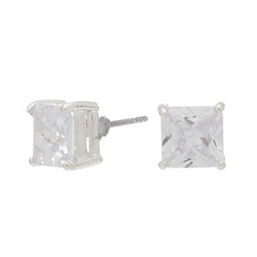 Silver Cubic Zirconia Square Stud Earrings - 7MM,