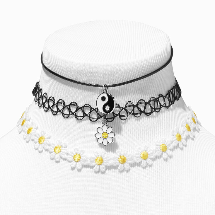 Black Yin Yang &amp; Daisy Choker Necklaces - 3 Pack,