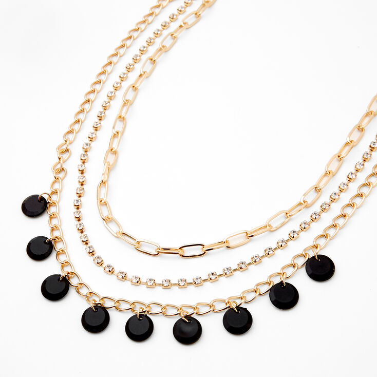 Gold Disc Rhinestone Chain Multi Strand Necklace - Black,