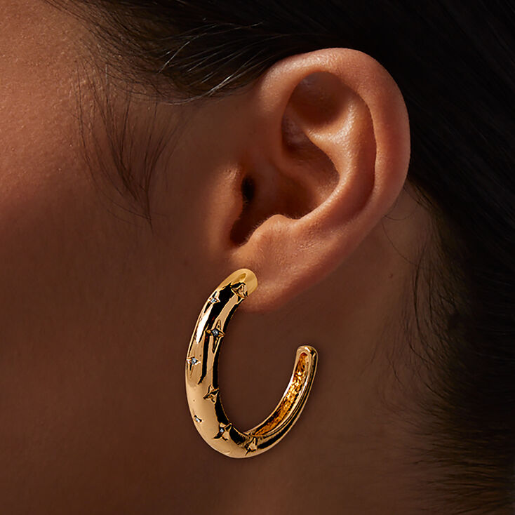 Gold-tone Star Stamped 50mm Hoop Earrings,