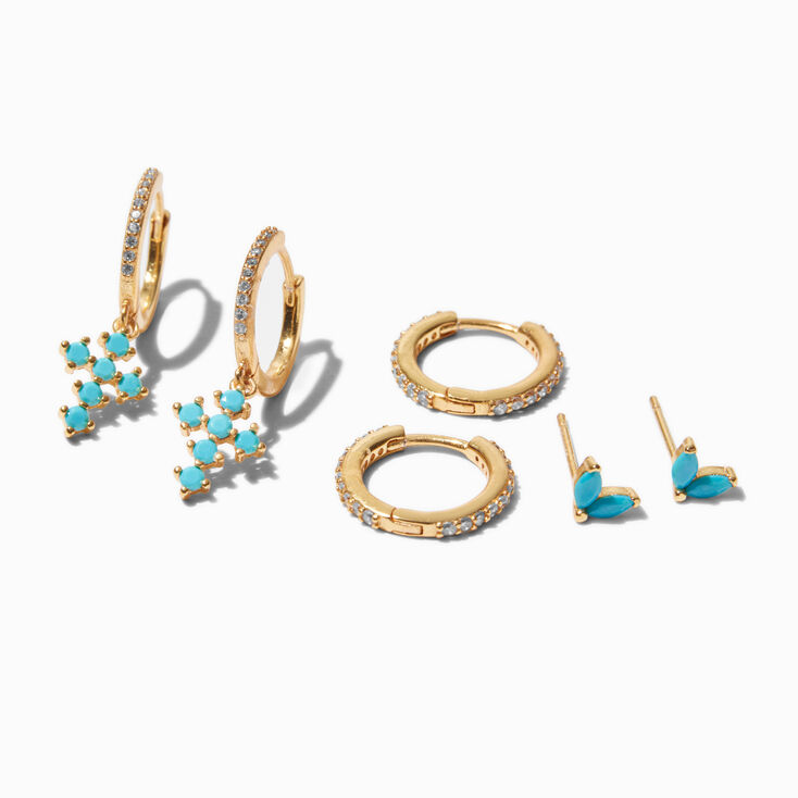 C LUXE by Claire&#39;s 18k Gold Plated Turquoise Cross Earring Stackables Set - 3 Pack,