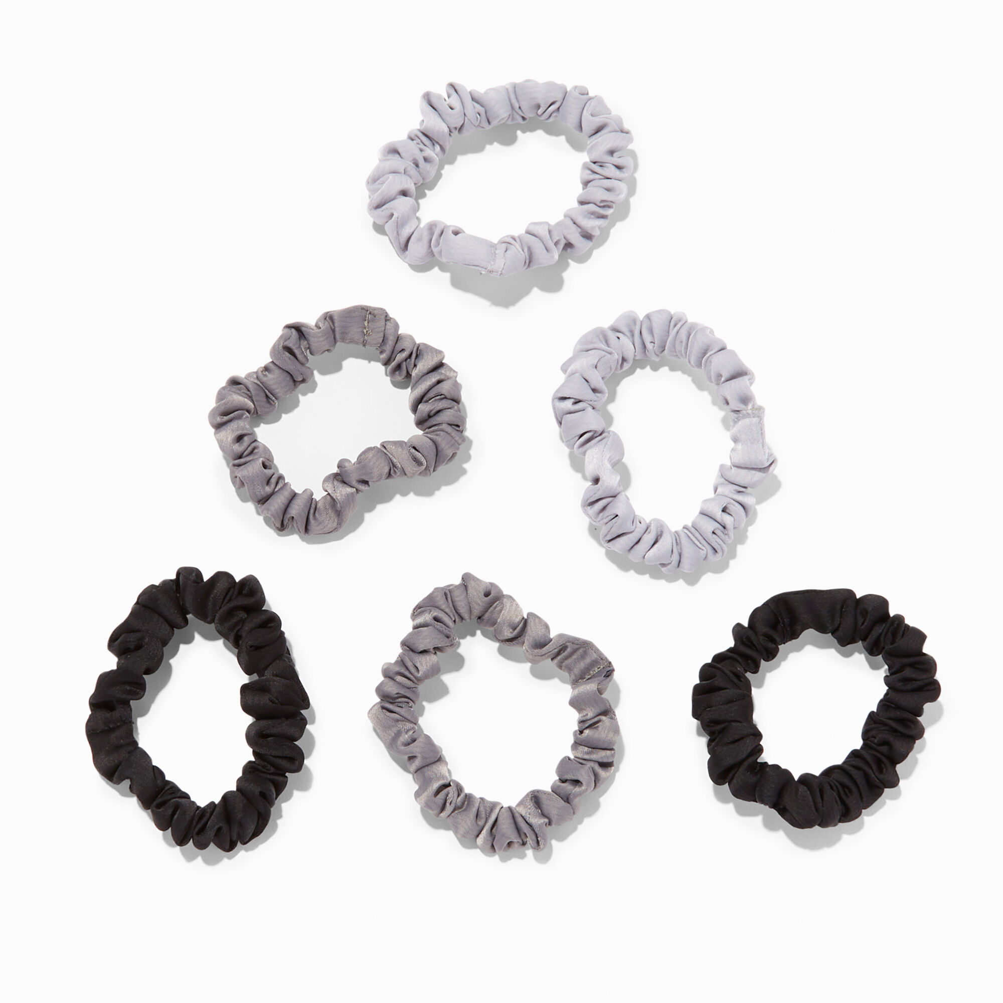 View Claires Shades Of Skinny Silky Hair Scrunchies 6 Pack Grey information