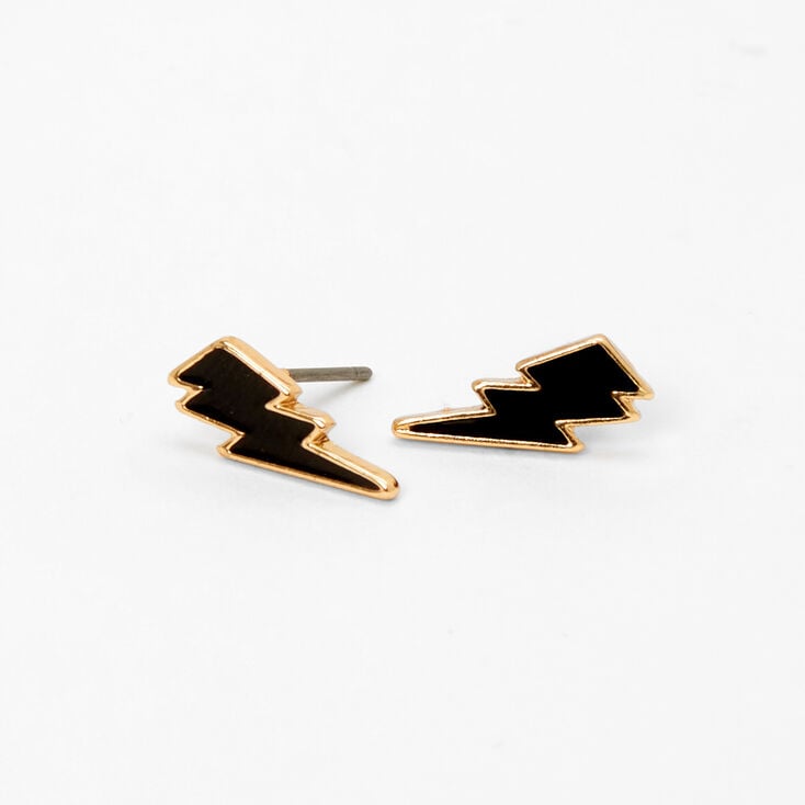 Gold Lightning Bolt Stud Earrings - Black,