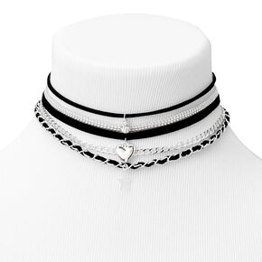Silver Heart Star Mixed Cord Choker Necklaces - Black, 5 Pack,