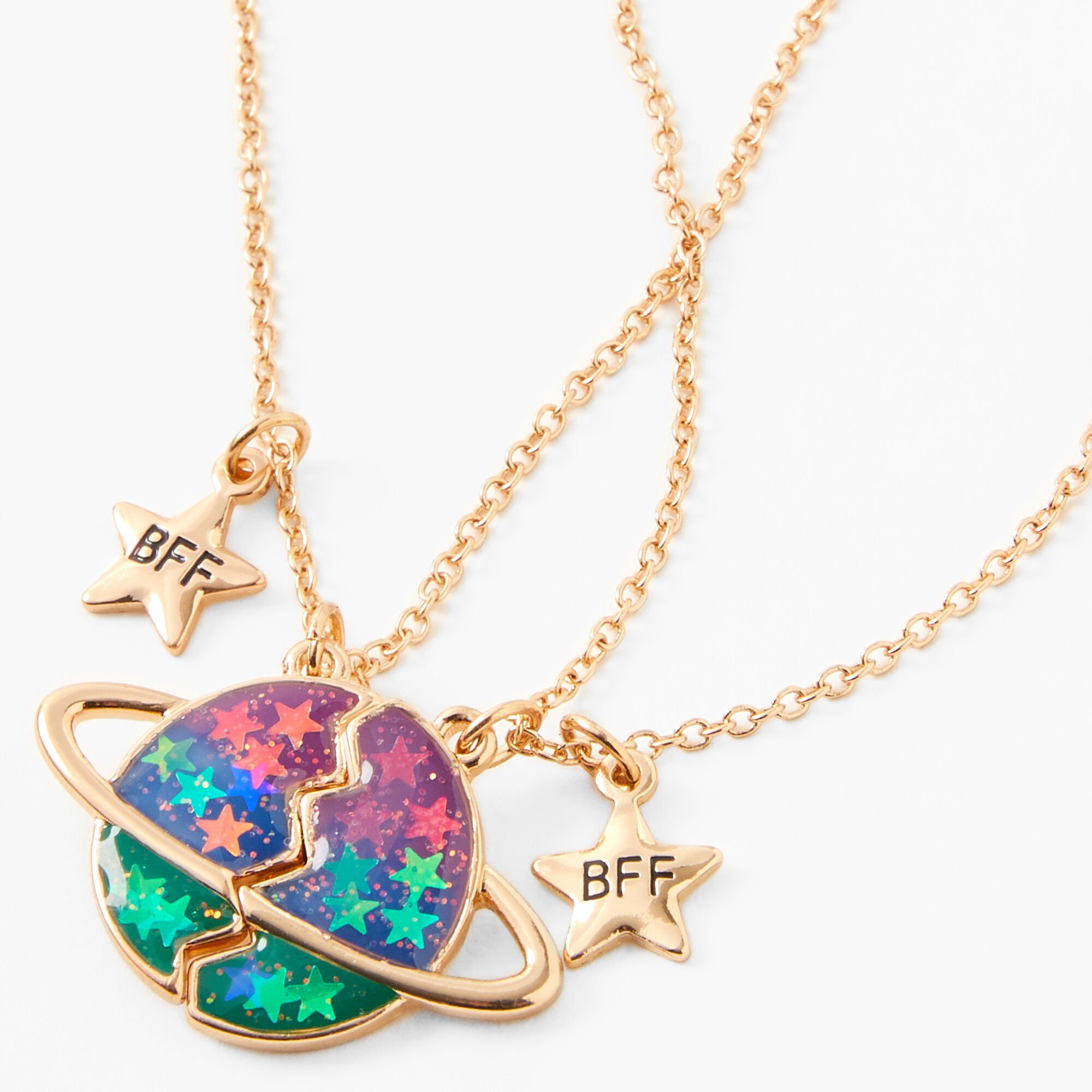 View Claires Best Friends Glow In The Dark Outer Space Split Pendant Necklaces 2 Pack Gold information