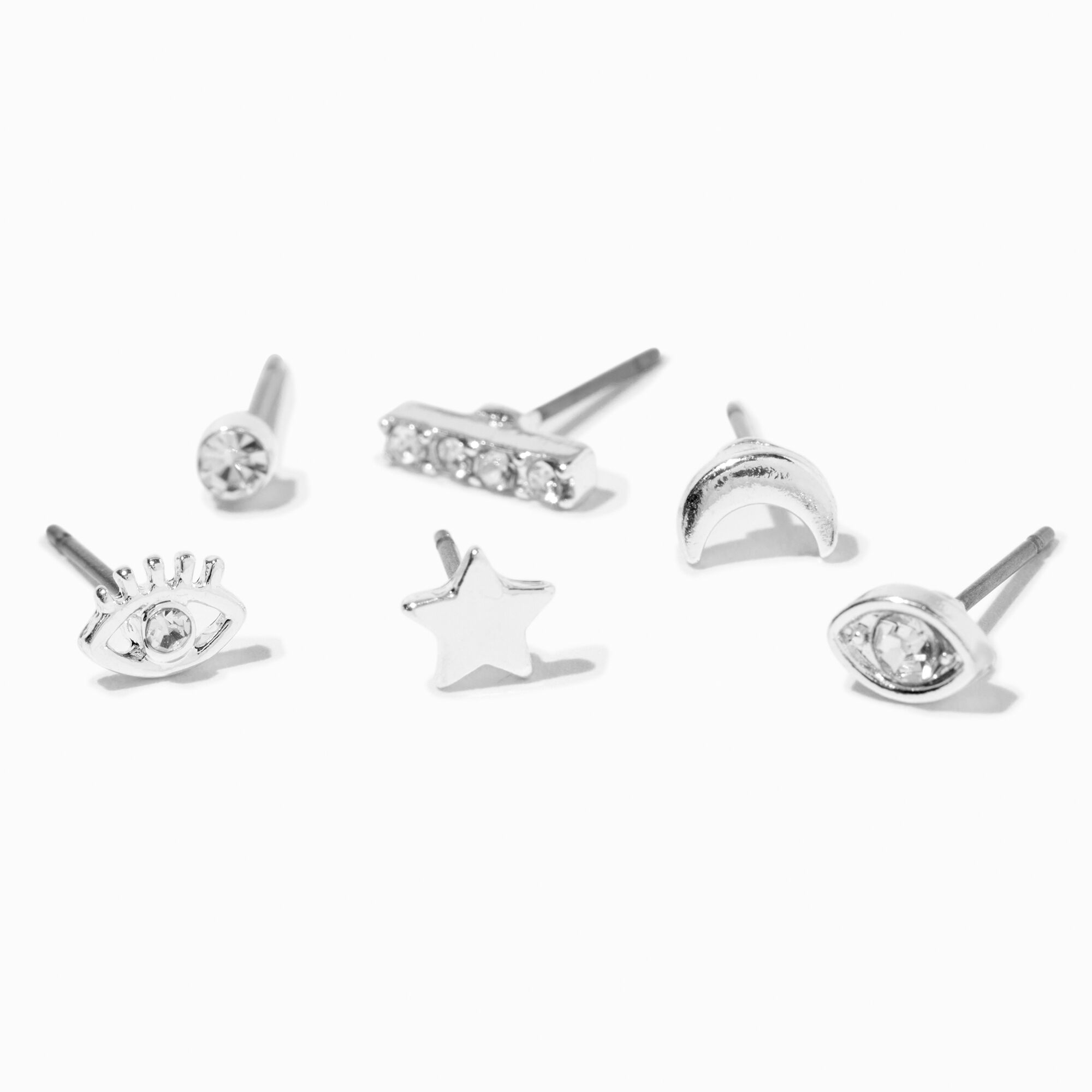View Claires Tone Celestial Stackable Stud Earrings 6 Pack Silver information