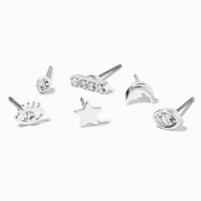 Silver Celestial Stackable Stud Earrings - 6 Pack,