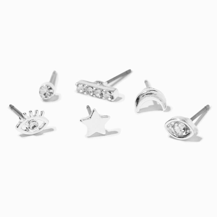 Silver Celestial Stackable Stud Earrings - 6 Pack,