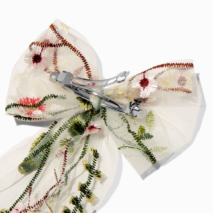 White Embroidered Flowers Long Tail Bow Hair Clip,