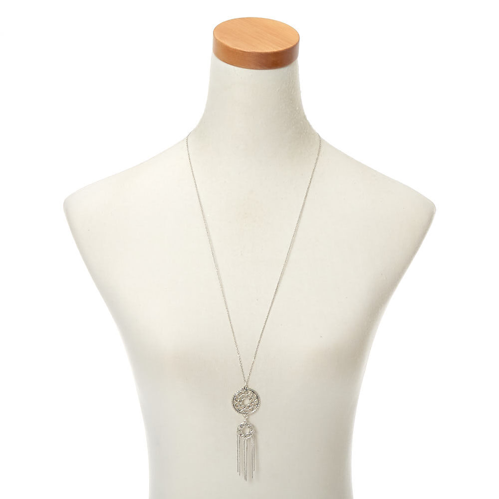 Silver Boho Medallion Long Pendant Necklace,