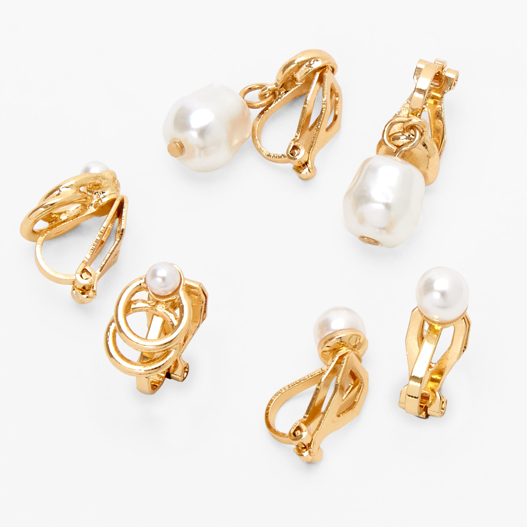 Clous d’oreilles à clip en perles d’imitation variées couleur dorée - Lot de 3,