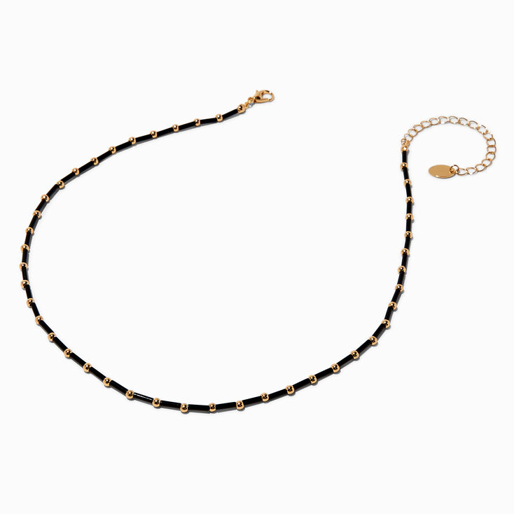 Black Bugle Bead Gold-tone Necklace ,