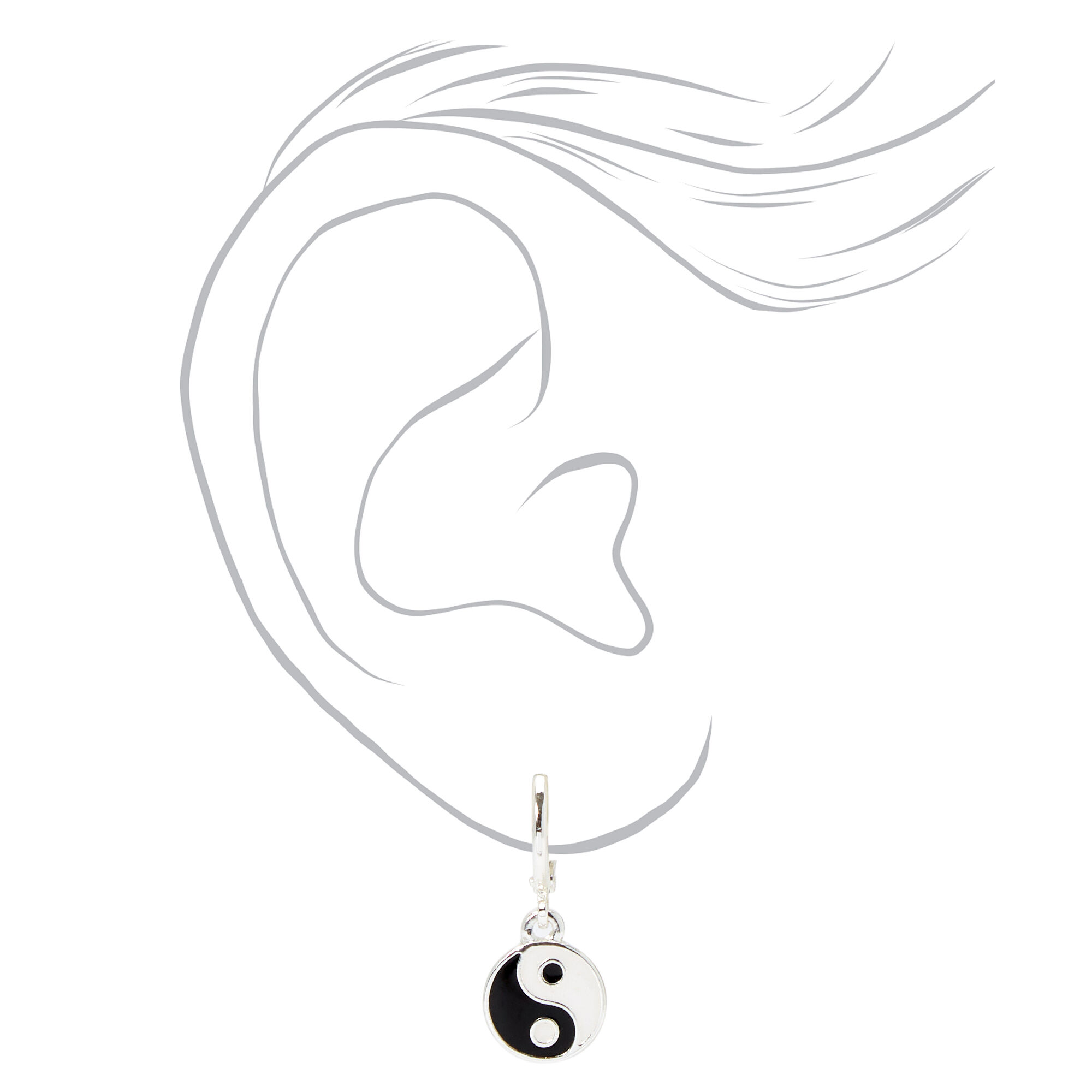 Silver 10MM Yin Yang Huggie Hoop Earrings,