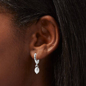 Silver 10MM Pearl Huggie Hoop Earrings,
