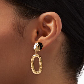 Gold-tone Hammered 2&quot; Oval Drop Clip-On Earrings,