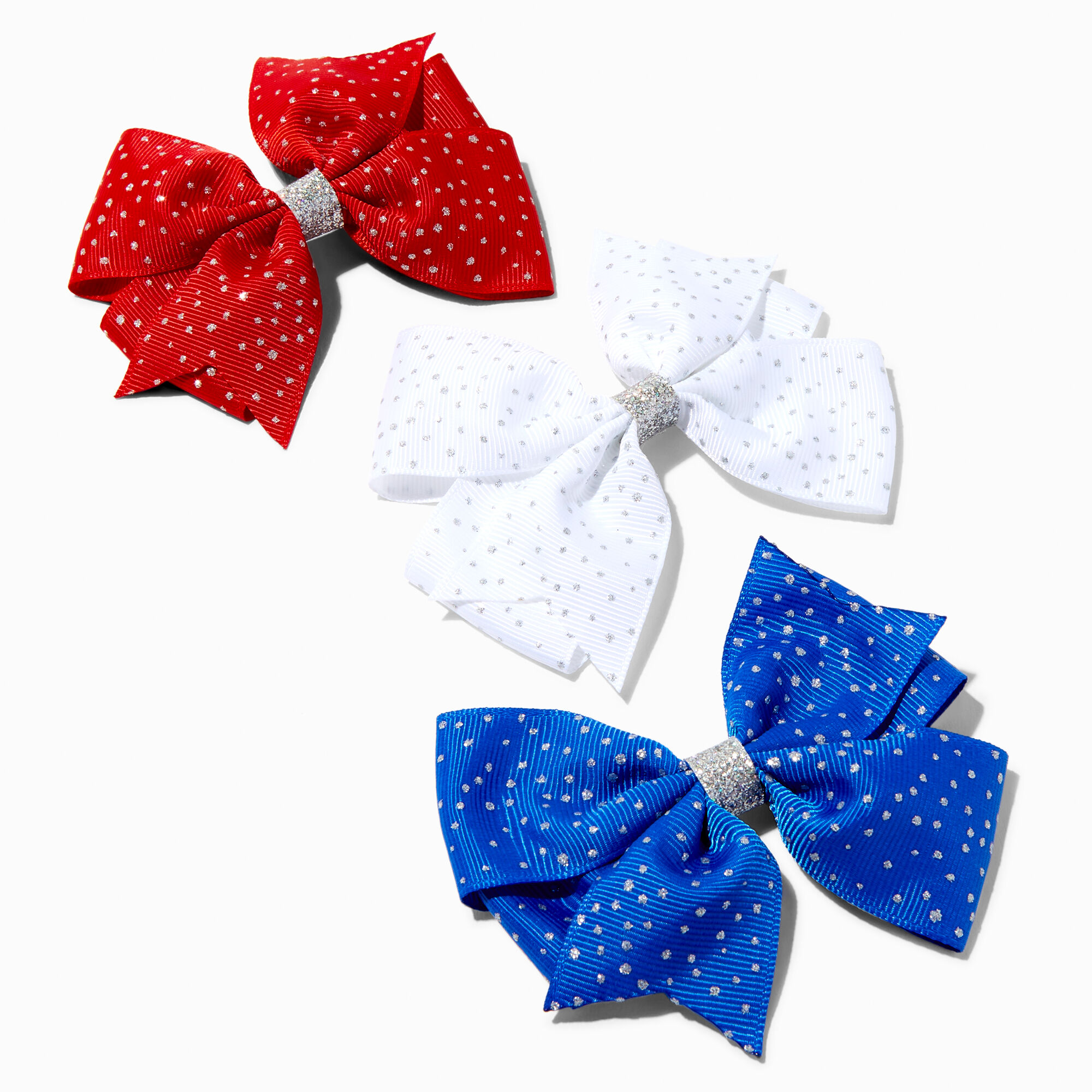 View Claires Bastille Day Gliiter Bow Hair Clips 3 Pack information