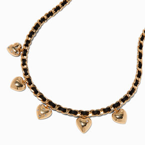Woven Gold-tone Chain &amp; Black Cord Heart Charm Necklace,