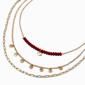 Burgundy Bead Gold-tone Multi-Strand Necklace ,