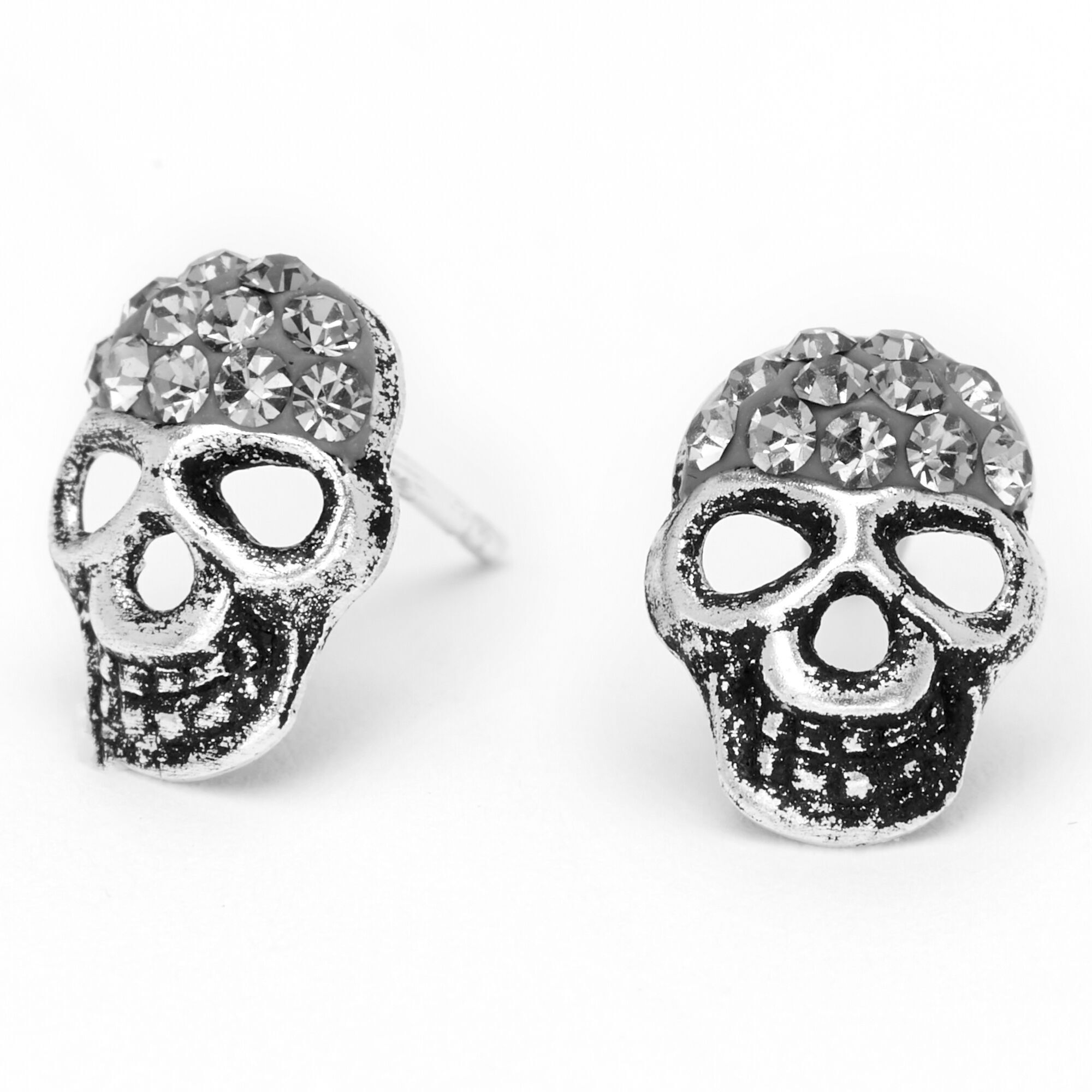 Sterling Silver Crystal Skull Stud Earrings,