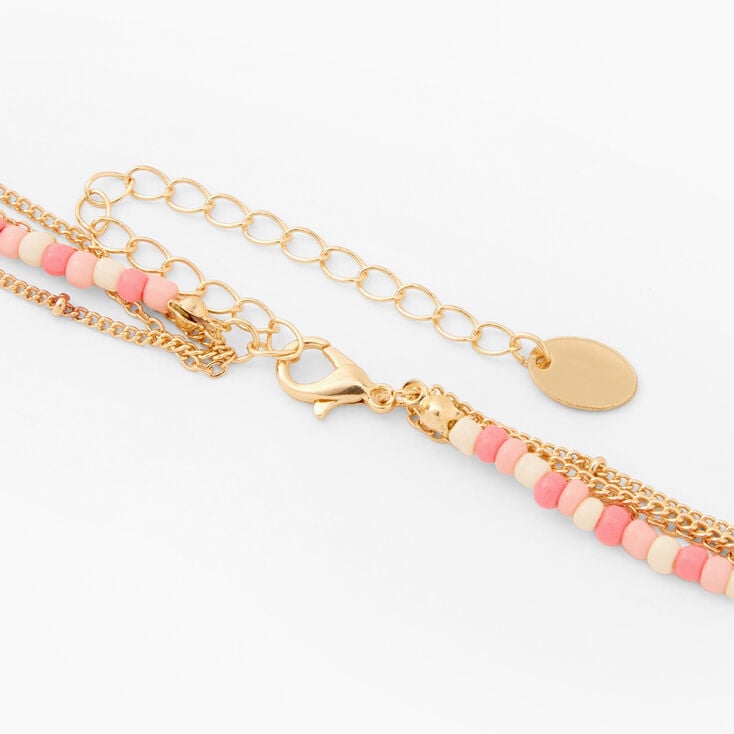 Pink Bead Gold Starfish &amp; Monstera Palm Leaf Multi Strand Choker Necklace,