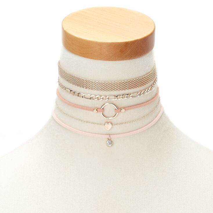 Rose Gold Fishnet Choker Necklaces - Pink, 5 Pack,