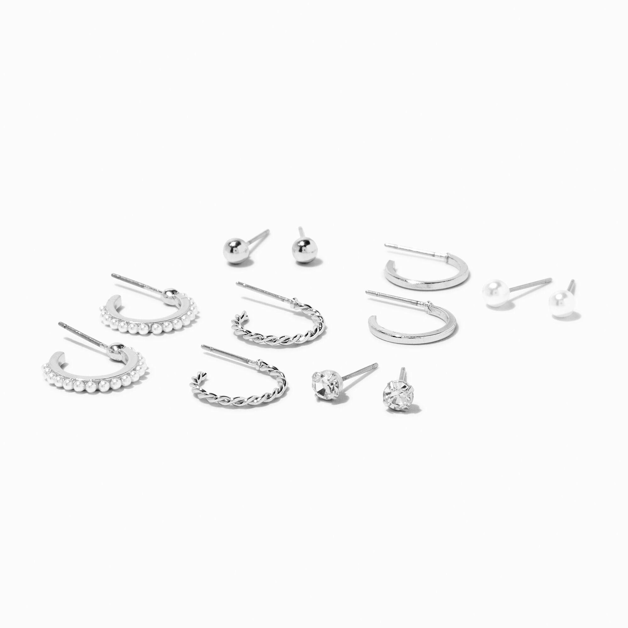 View Claires Tone Crystal Earrings Set 6 Pack Silver information