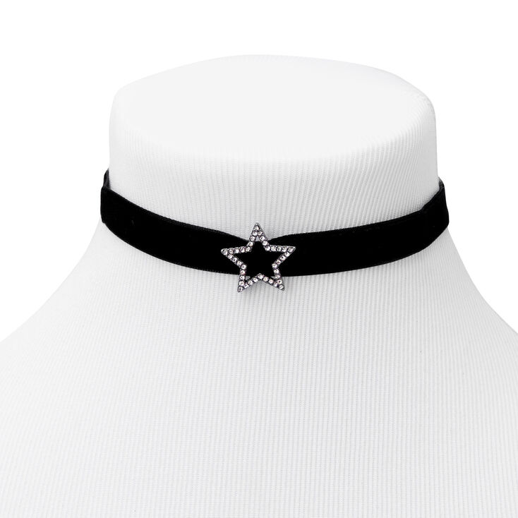 Silver Star Velvet Choker Necklace - Black,