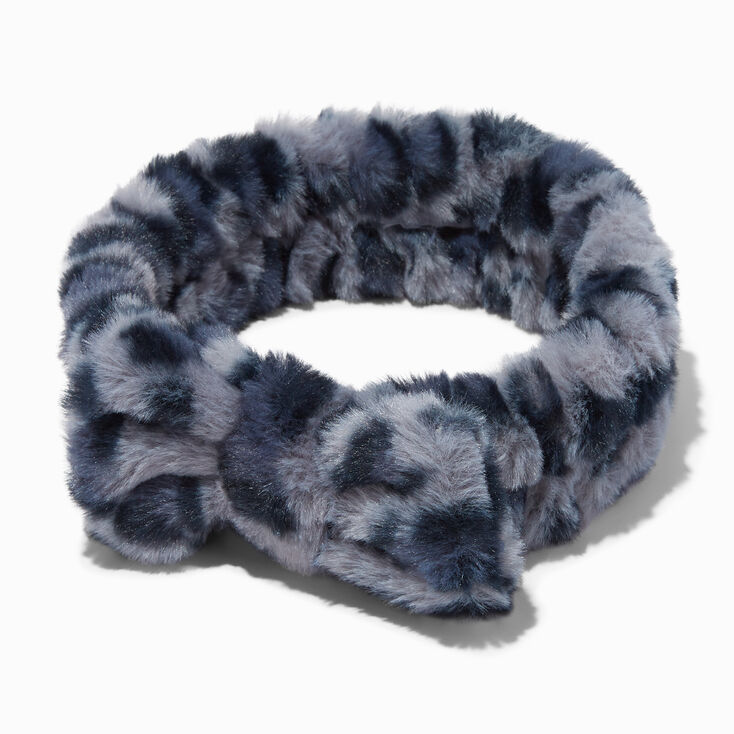 Grey Leopard Furry Makeup Bow Headwrap,